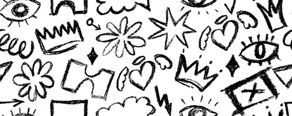 Black charcoal pencil shapes and doodles seamless pattern. Hand drawn vector quirky shapes in punk or childish style. Naive playful abstract charcoal scribbles. Doodles and curved lines.