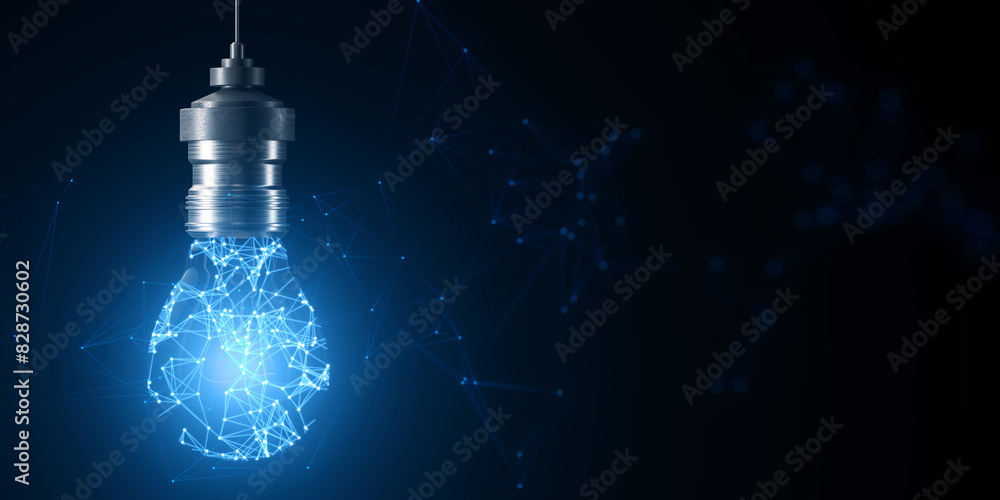 Aufkleber a digital illustration of a light bulb with a wireframe design, set against a dark blue background, 