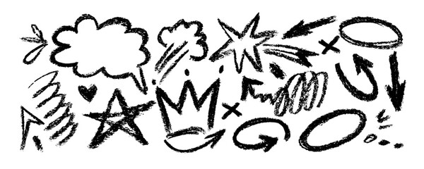 Fototapeta premium Set of funl childish line doodles. Brush drawn hearts, eyes, diamonds, crown, flowers, arrows and squiggles. Sketch style hand drawn icons for collages, decoration, ads, prints, branding.