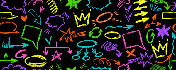 Multi colored charcoal pencil shapes and doodles seamless pattern. Hand drawn vector quirky shapes in punk or childish style. Naive playful abstract charcoal scribbles. Doodles and curved lines.