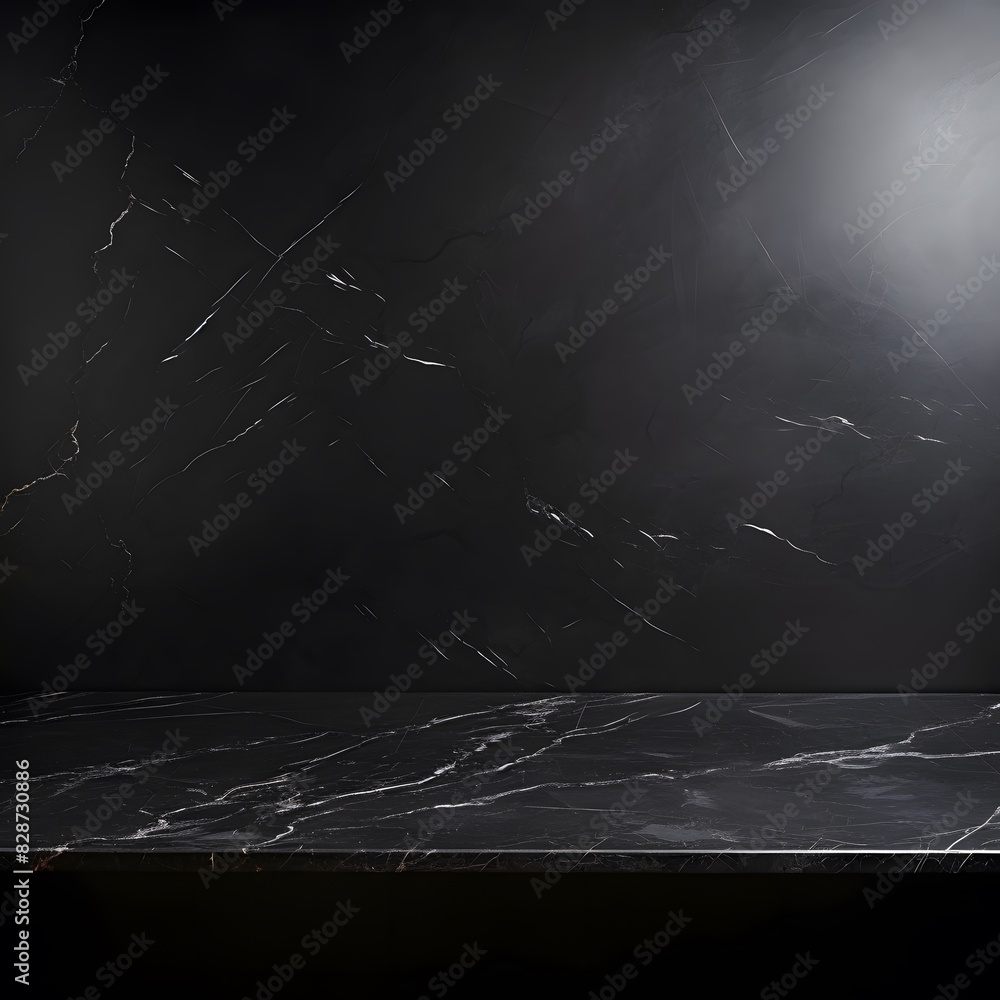 Poster modern black marble table with a dark background. empty space for product display. generative ai.