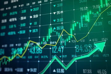 A detailed stock market data display with upward trending arrows indicating positive growth, set on a dark digital background, concept of financial success. 3D Rendering