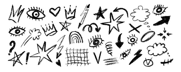 Charcoal graffiti doodle punk and girly shapes collection. Brush drawn eyes and geometric shapes, charcoal and crayon doodle illustrations. Abstract scribbles and squiggles, creative various figures.