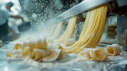 Elegant noodle extrusion from pasta machine, flour swirling, rhythmic precision, soft ambient factory light