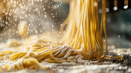 Elegant noodle extrusion from pasta machine, flour swirling, rhythmic precision, soft ambient factory light