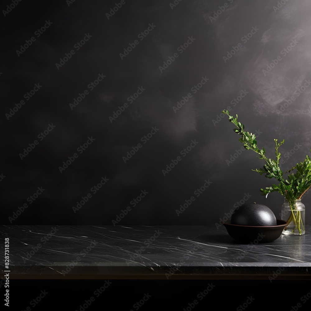 Poster modern black marble table with a dark background. empty space for product display. generative ai.