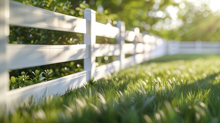 Serene Garden Scene with White Picket Fence and Lush Greenery