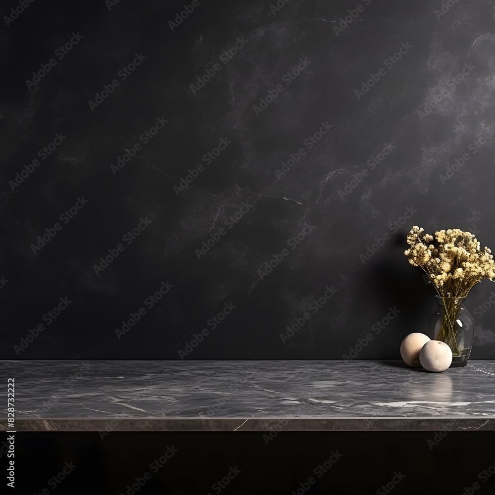 Poster modern black marble table with a dark background. empty space for product display. generative ai.