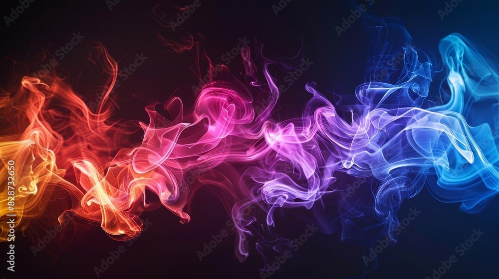 Poster abstract neon multicolored smoke puffs splashing on dark background vibrant design element