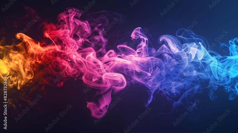 Poster abstract neon multicolored smoke puffs splashing on dark background vibrant design element