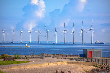 Wind power turbines in Oresund channel between Sweden and Denmark view