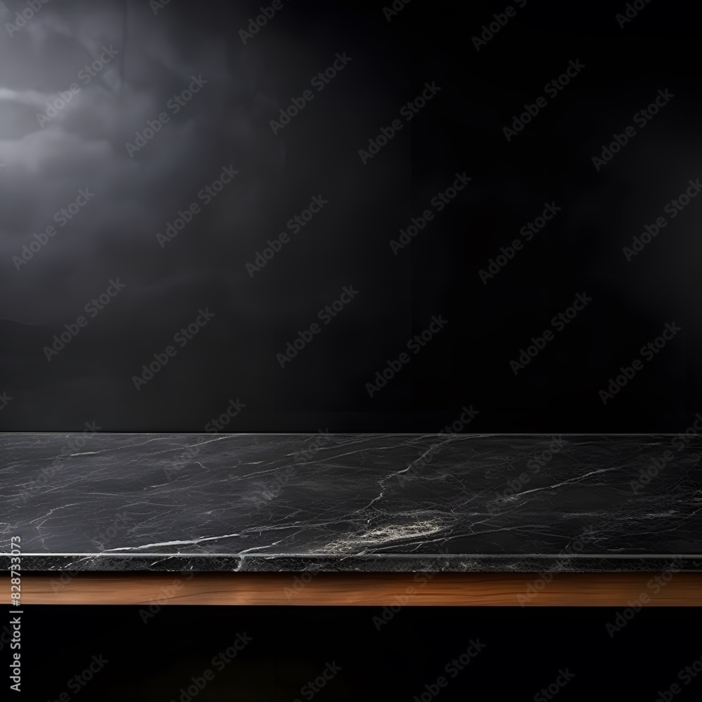 Poster modern black marble table with a dark background. empty space for product display. generative ai.