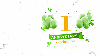 1 year anniversary celebration vector banner template. First jubilee with green ribbon and confetti on white background. 1st anniversary logo with gold color digital banner and has space to write