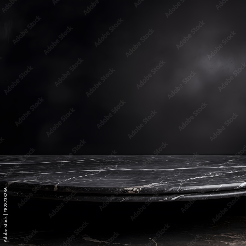 Poster modern black marble table with a dark background. empty space for product display. generative ai.
