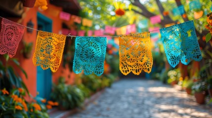 colorful papel picado decorations adorn the streets of san antonio during festive season, adding to the traditional mexican fiesta atmosphere fiestavibes