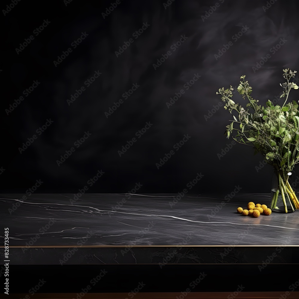 Poster modern black marble table with a dark background. empty space for product display. generative ai.