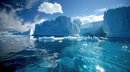 Stunning icy landscape featuring majestic icebergs floating in serene, crystal-clear waters under a bright, blue sky.
