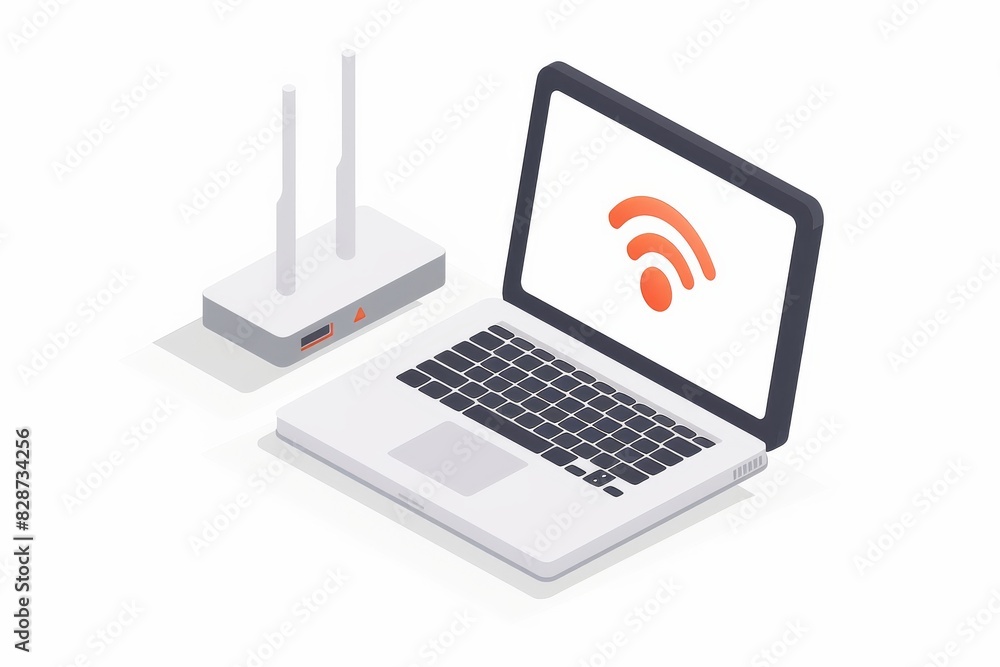 Poster advanced home office setup with laptop and router, illustrating the blend of technology and producti