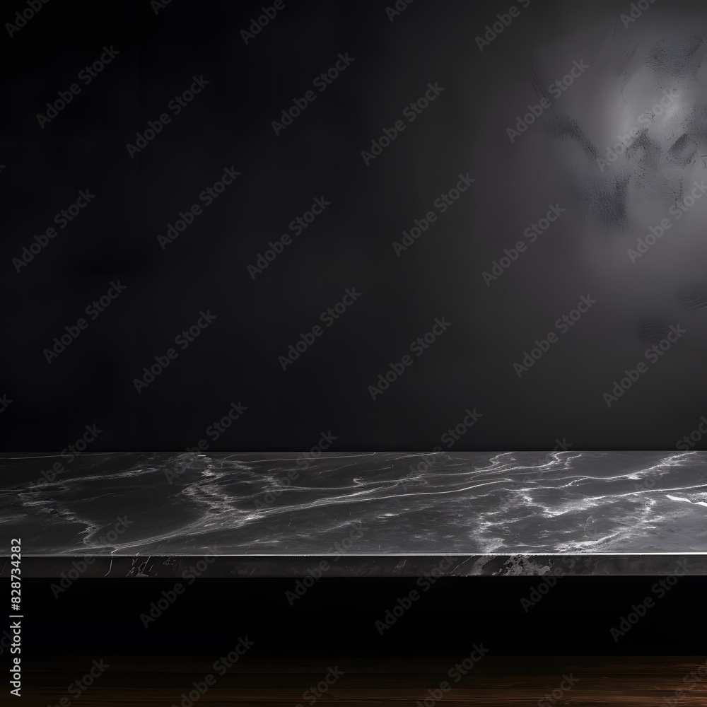 Poster modern black marble table with a dark background. empty space for product display. generative ai.