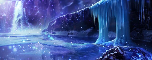 Mystical icy cave with glistening icicles and a serene, frozen river under a starry night sky. Perfect for fantasy and winter themes.