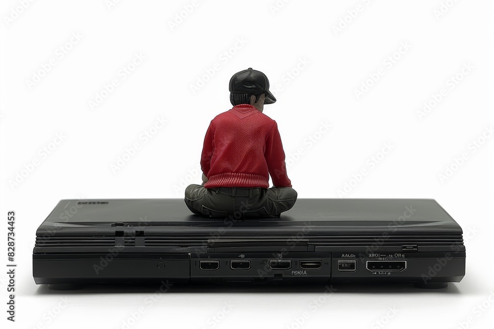 Poster individual sitting on a wireless router, symbolizing the intimate connection between users and techn