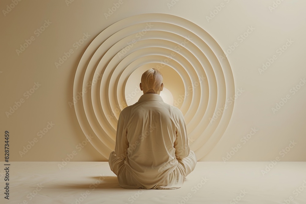 Poster meditation and mindfulness in a tech setting, combining traditional practices with modern wireless c
