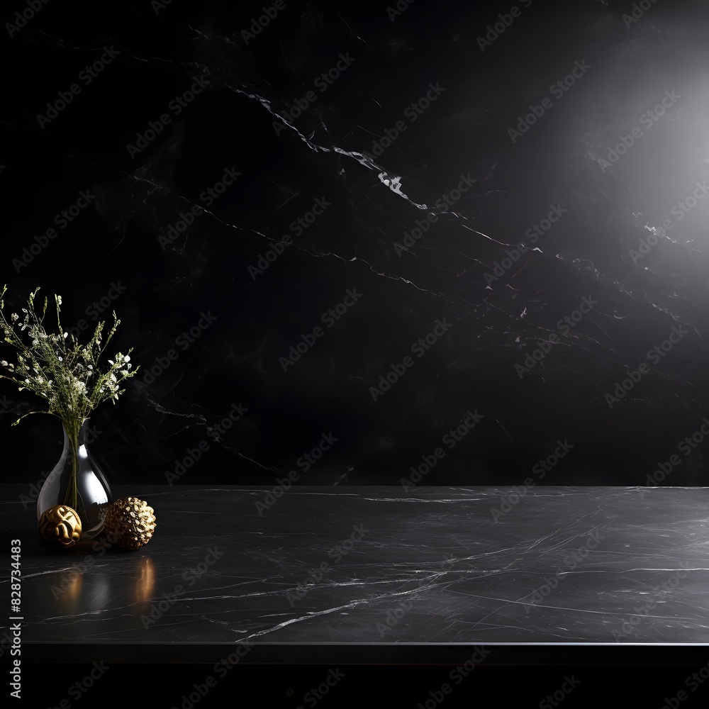 Poster modern black marble table with a dark background. empty space for product display. generative ai.