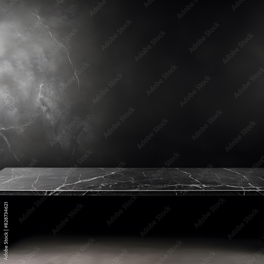 Poster modern black marble table with a dark background. empty space for product display. generative ai.