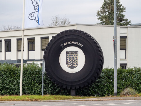 Big display tire with the Homburg city crest at the main entrance of Michelin in Homburg, Saarland. The factory is supposed to closed until 2025 for the most part.
