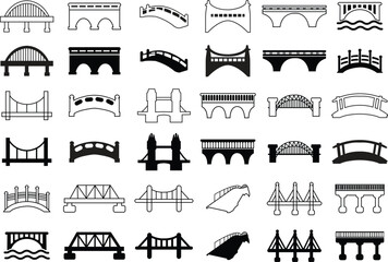 Set of Bridge icons. Concept of place, visual identity, real estate contour, suspension bridges. Possible use in infographic. Flat styles editable stock brand graphic art on Transparent background.
