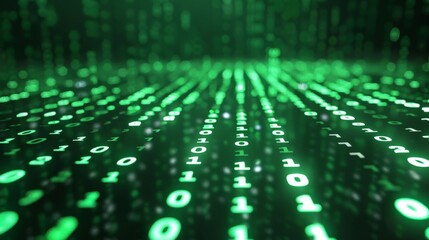 Binary code streaming across a dark background with glowing green numbers