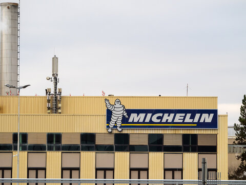 Michelin sign with the lettering and the mascot at the factory in Homburg Saarland. The factory is supposed to closed until 2025 for the most part.