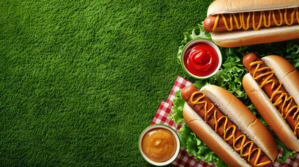 American patriotic hot dogs on green grass with copy space. USA patriotic picnic holiday hot dogs. Celebrating Independence Day, July 4th, Memorial Day or Veteran's Day