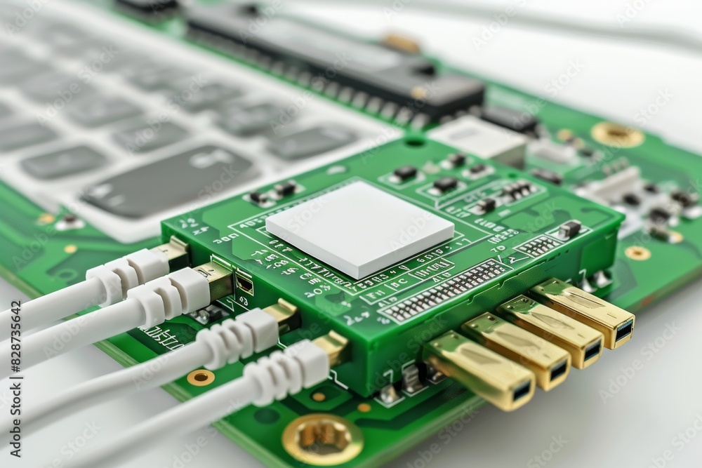 Poster close up of a circuit board, emphasizing the intricate components that enable wireless communication