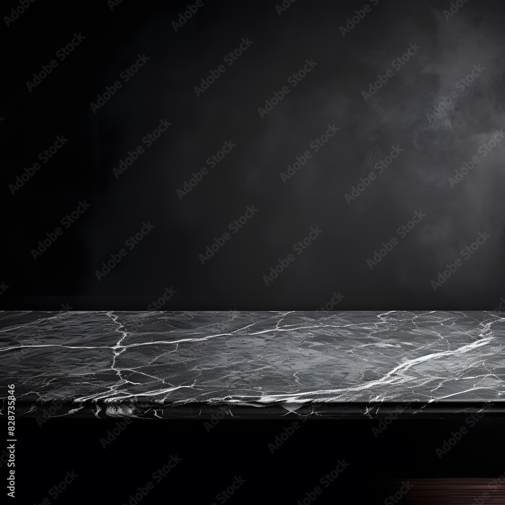 Poster modern black marble table with a dark background. empty space for product display. generative ai.
