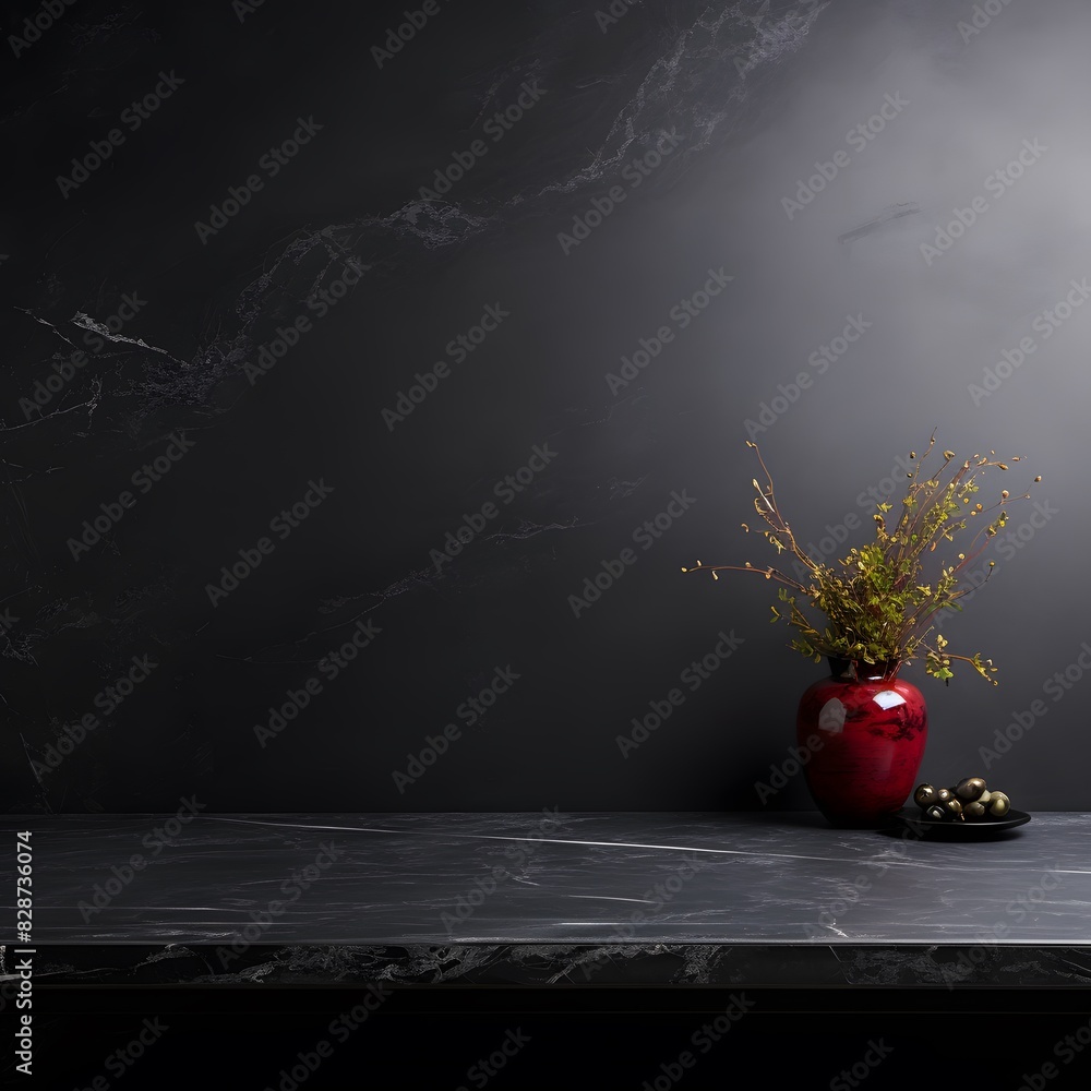 Poster modern black marble table with a dark background. empty space for product display. generative ai.