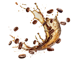 Roasted coffee beans splashing in delicious coffee, cut out