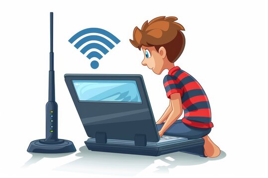 Child using a laptop with a Wi Fi dongle, symbolizing the ease of access to wireless internet for young learners