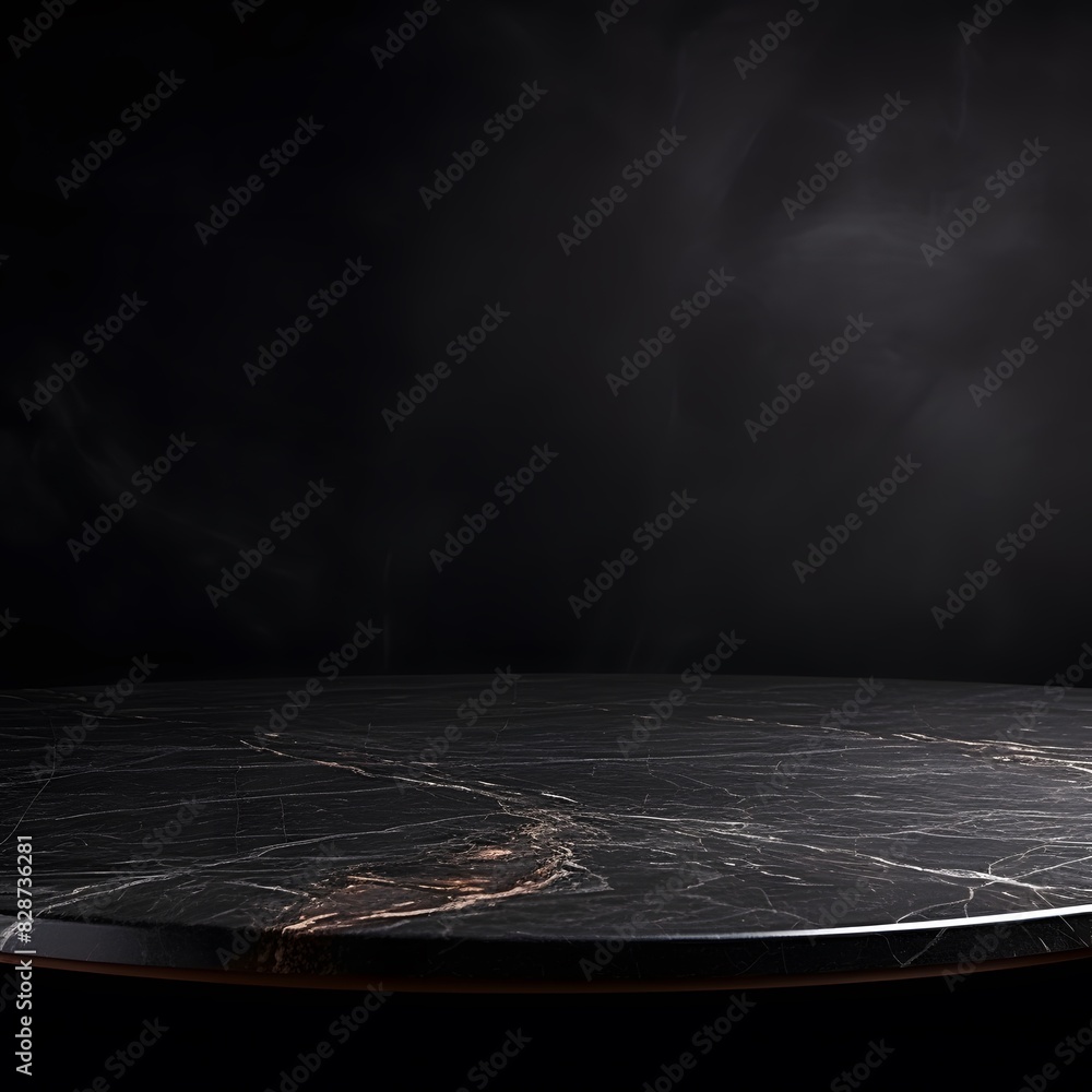 Poster modern black marble table with a dark background. empty space for product display. generative ai.