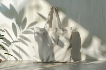 Blank Tote Canvas Bag Mockup on light grey background. High resolution.