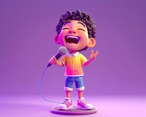 3D illustration of a happy cartoon boy singing with a microphone. Purple background, joyful expression, colorful outfit.