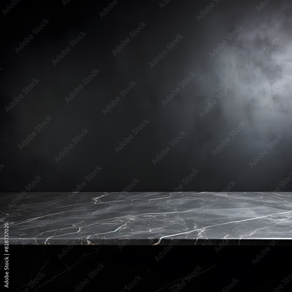 Poster modern black marble table with a dark background. empty space for product display. generative ai.