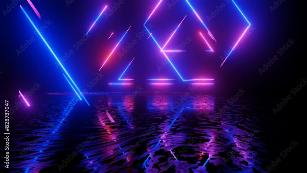 Aufkleber neon design blue purple pattern with lines. 4k video with various neon elements and a reflecting flo