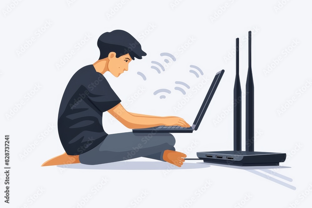 Poster man working on laptop next to wi fi router in a minimalistic setup, emphasizing digital connectivity