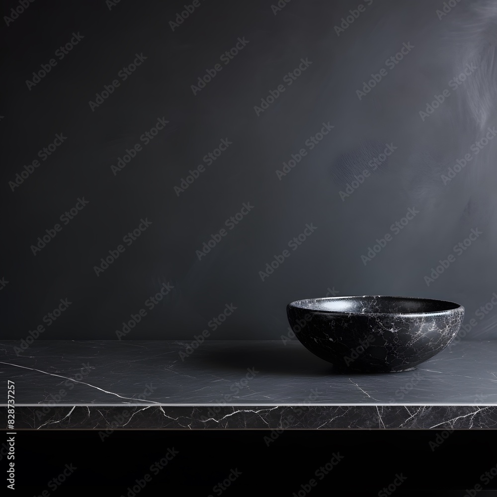 Poster modern black marble table with a dark background. empty space for product display. generative ai.