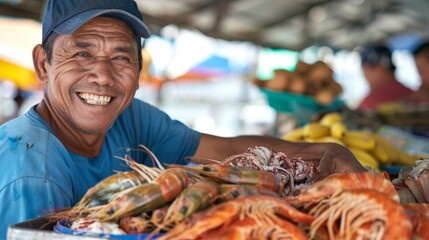 Close-up of a smiling vendor offering samples of fresh seafood and vegetables