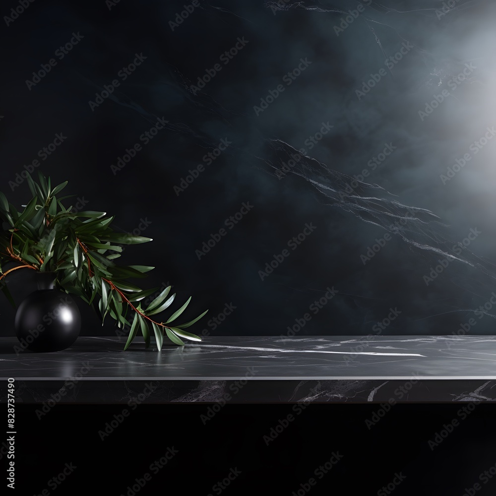 Poster modern black marble table with a dark background. empty space for product display. generative ai.