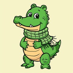 Fototapeta premium Cute green cartoon crocodile with a scarf, standing and smiling on a light background. Ideal for children's illustrations and friendly designs.