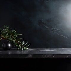 Modern black marble table with a dark background. Empty space for product display. Generative AI.