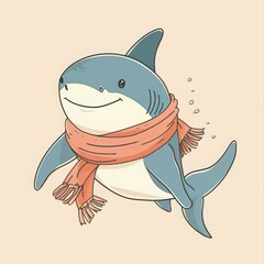 Cute illustration of a smiling shark wearing an orange scarf, swimming in light blue water. Perfect for children's books and designs.